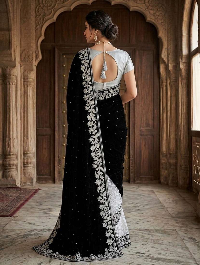 women's black velvet and brasso half-half saree with blouse piece - 20183981 -  Standard Image - 3