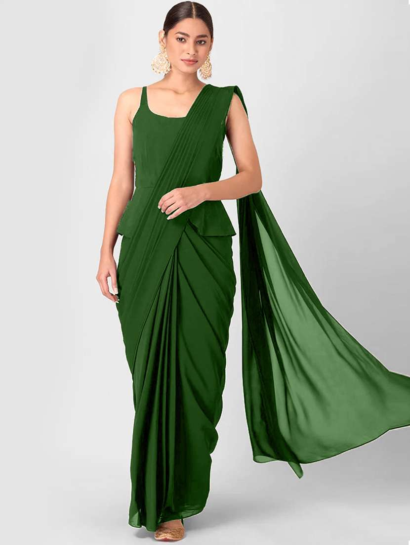 women's solid olive colored saree with blouse