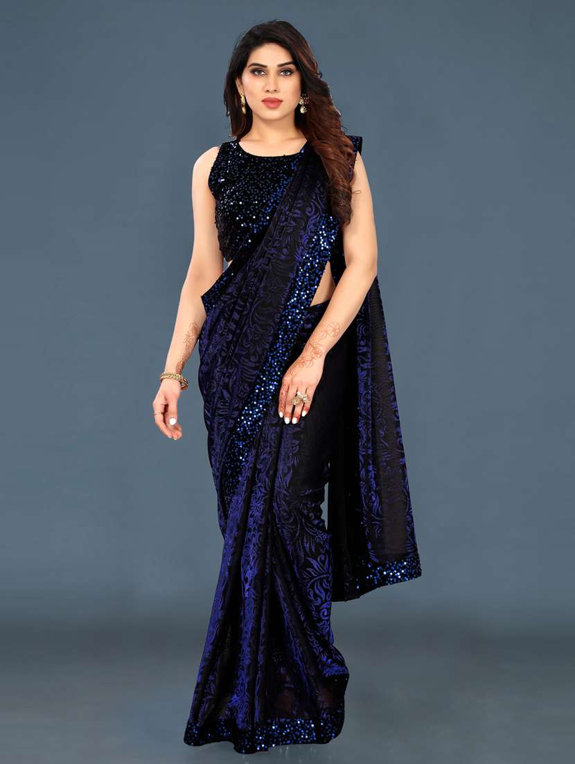 women's self design navy blue colored saree with blouse - 20184146 -  Zoom Image - 0