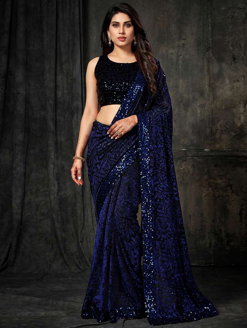 women's self design navy blue colored saree with blouse
