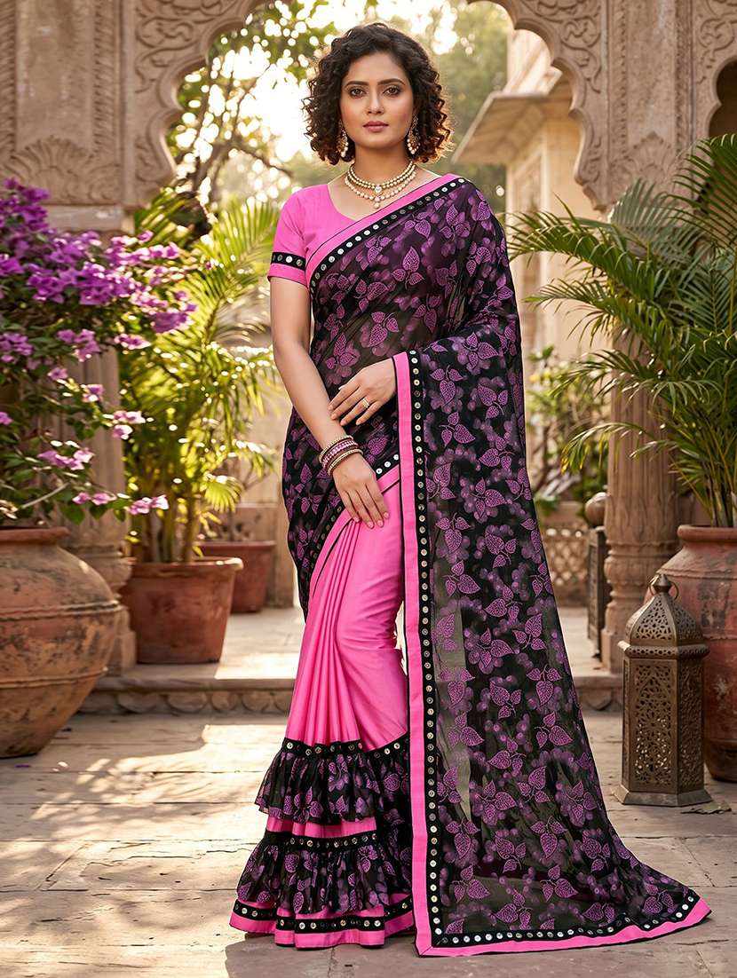 women printed ruffle saree with blouse