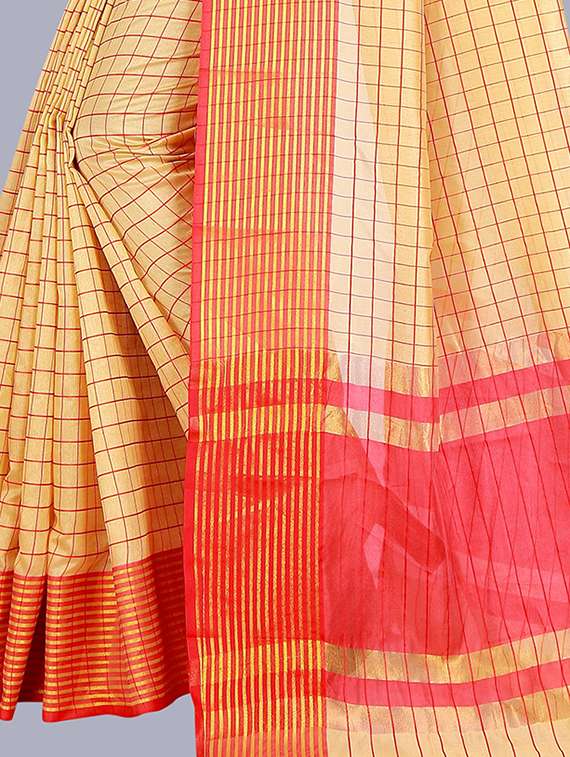 cream checkered woven saree with blouse - 20184295 - Standard Image - 3