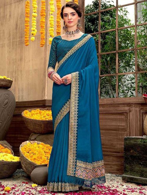 light blue solid with borders saree with blouse - 20184328 - Standard Image - 0