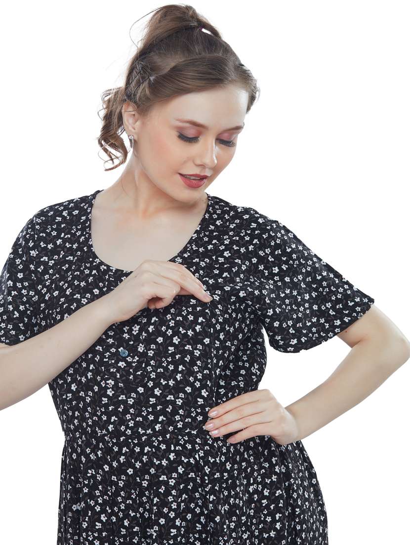 black florl print round neck short sleeves nighty - 20184591 -  Standard Image - 5