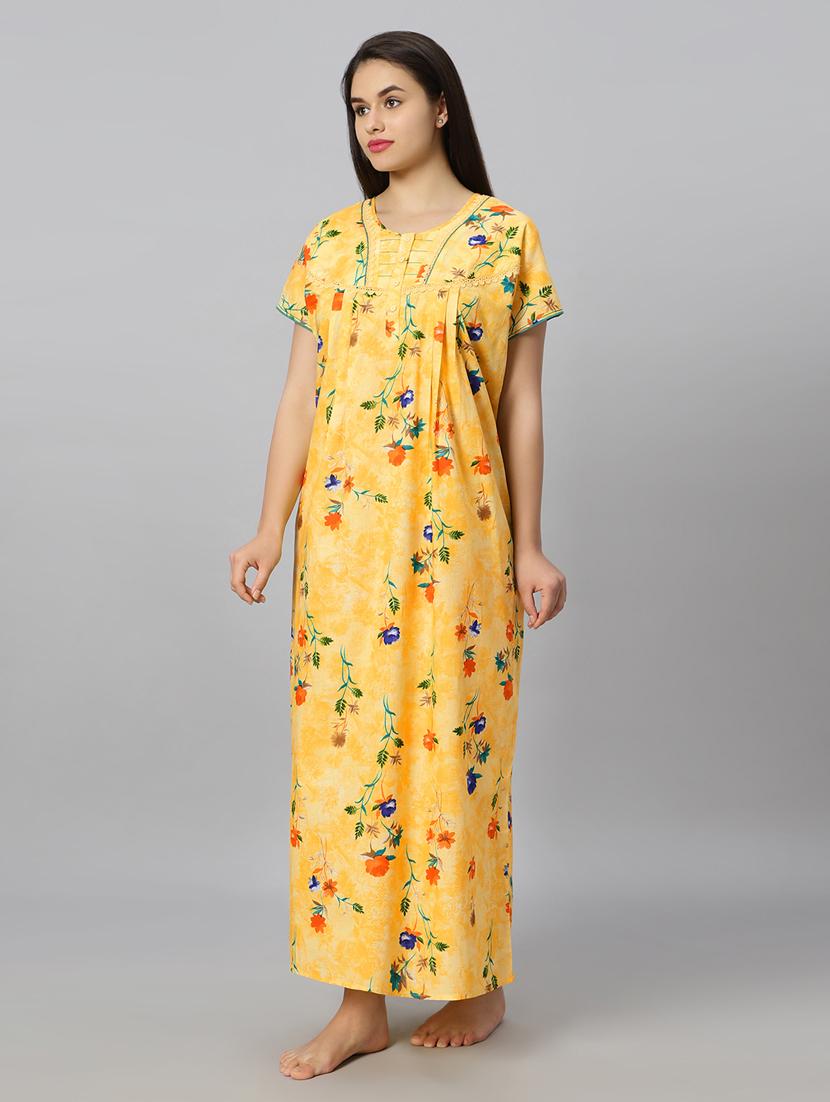yellow printed round neck short sleeves nighty - 20184672 - Standard Image - 3
