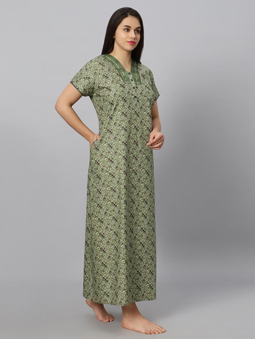 green printed v neck short sleeves nighty - 20184679 - Standard Image - 3