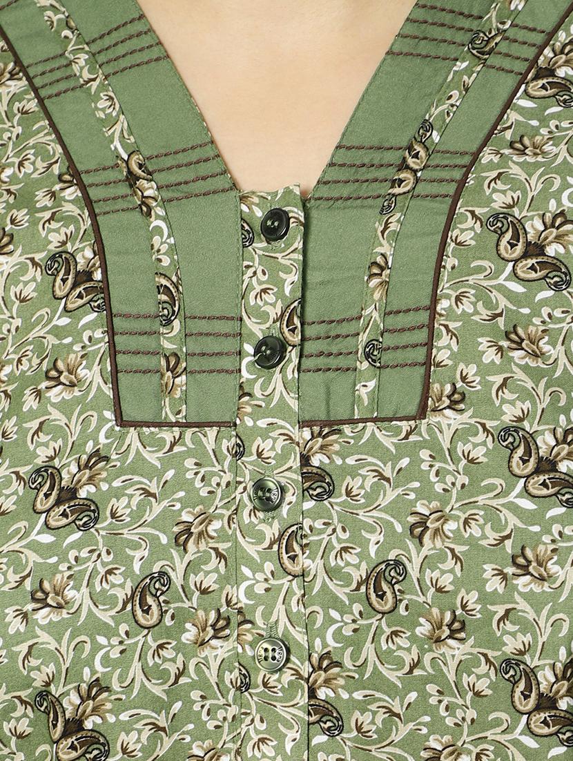 green printed v neck short sleeves nighty - 20184679 - Standard Image - 5