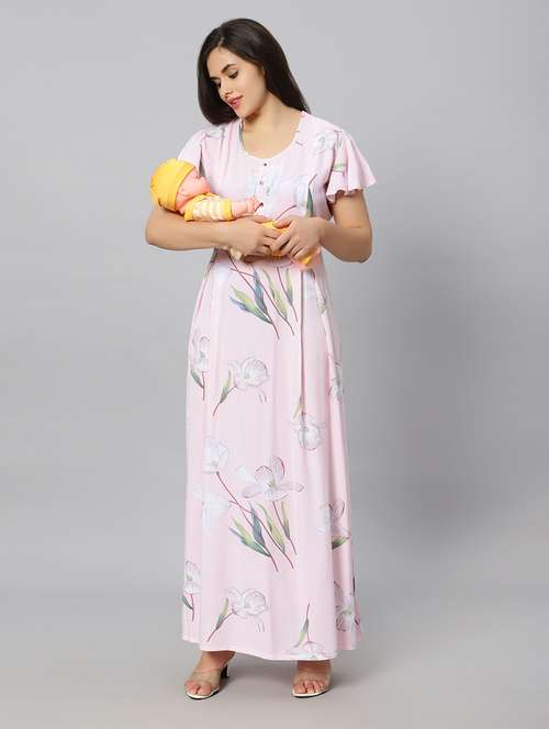 pink printed round neck maternity wear nighty - 20184684 - Standard Image - 0