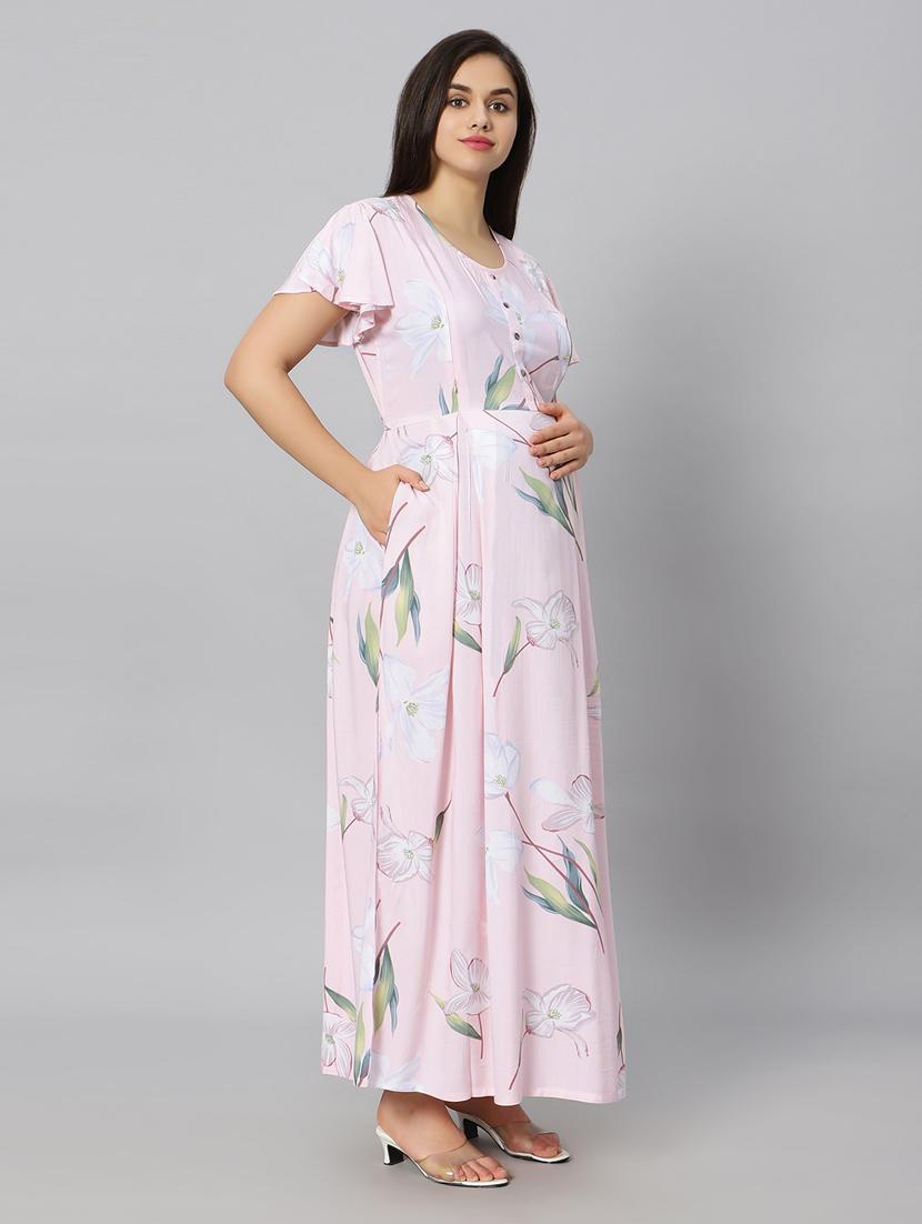 pink printed round neck maternity wear nighty - 20184684 - Standard Image - 3