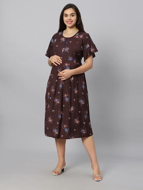 brown florals printed round neck maternity wear nighty - 20184686 -  Standard Image - 0