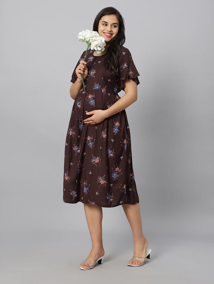 brown florals printed round neck maternity wear nighty - 20184686 - Standard Image - 3