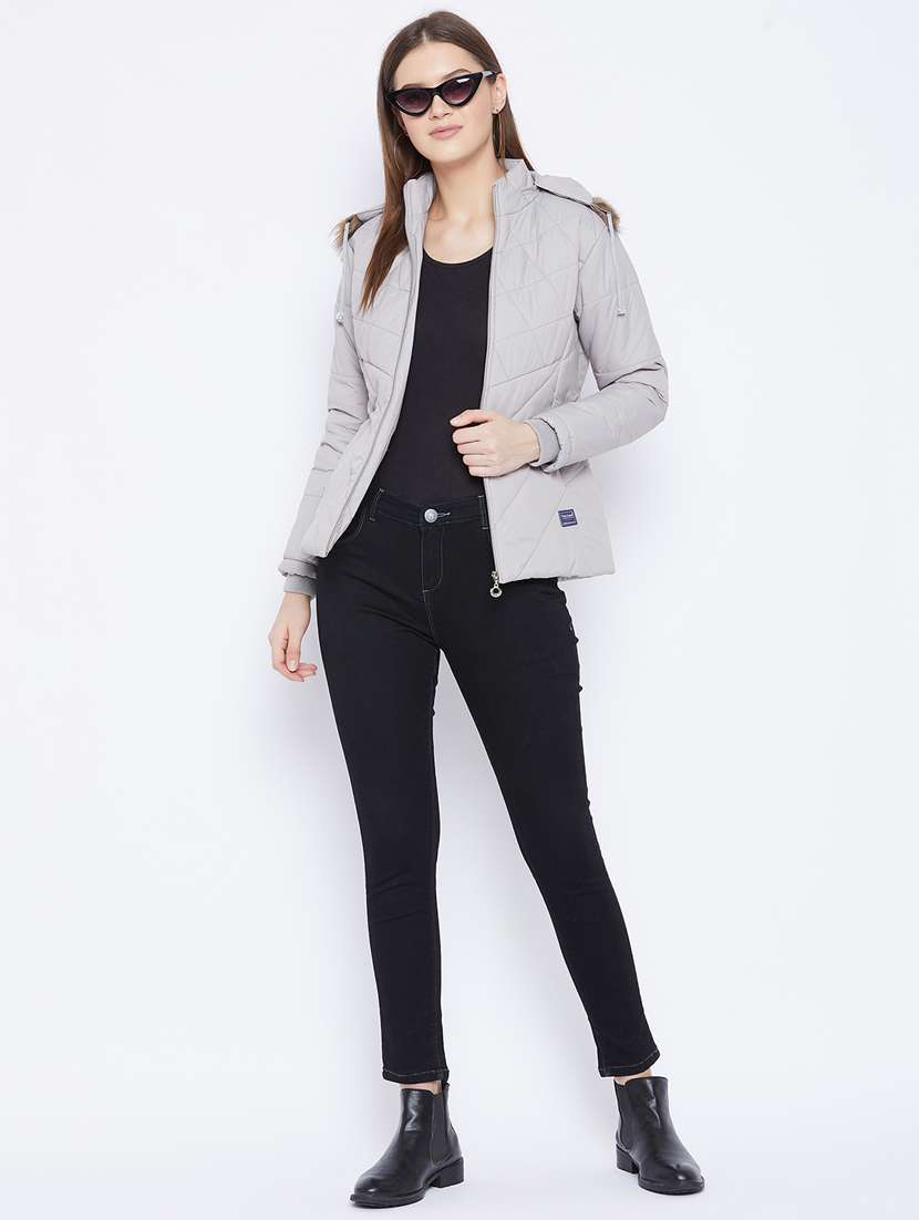 grey solid hooded long sleeves bomber jacket - 20184739 -  Standard Image - 3