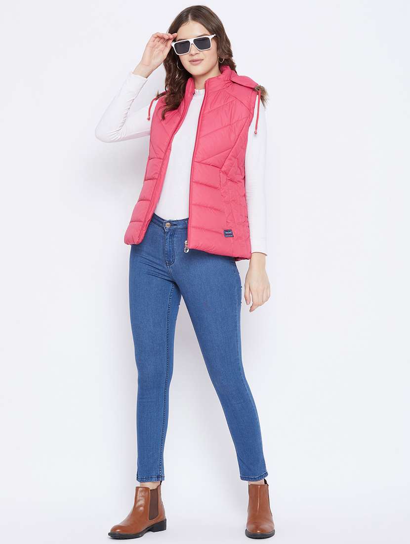 pink solid hooded sleeveless bomber jacket - 20184742 -  Standard Image - 3