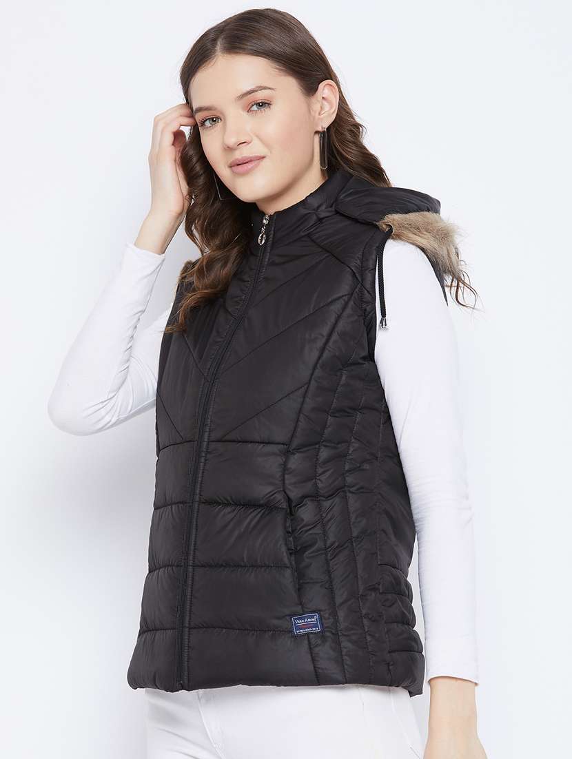 black solid hooded sleeveless bomber jacket