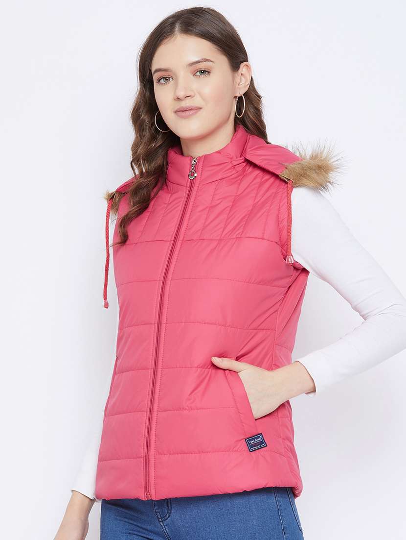 pink solid hooded sleeveless bomber jacket