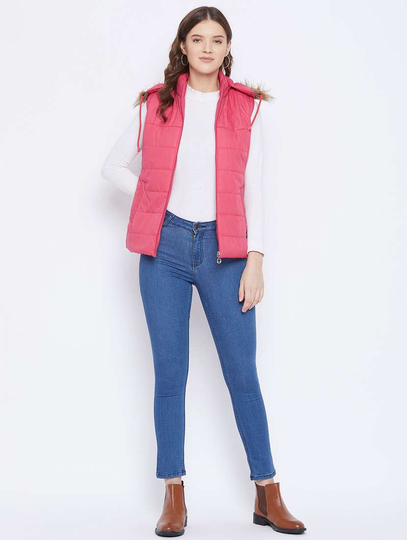 pink solid hooded sleeveless bomber jacket - 20184746 -  Standard Image - 3
