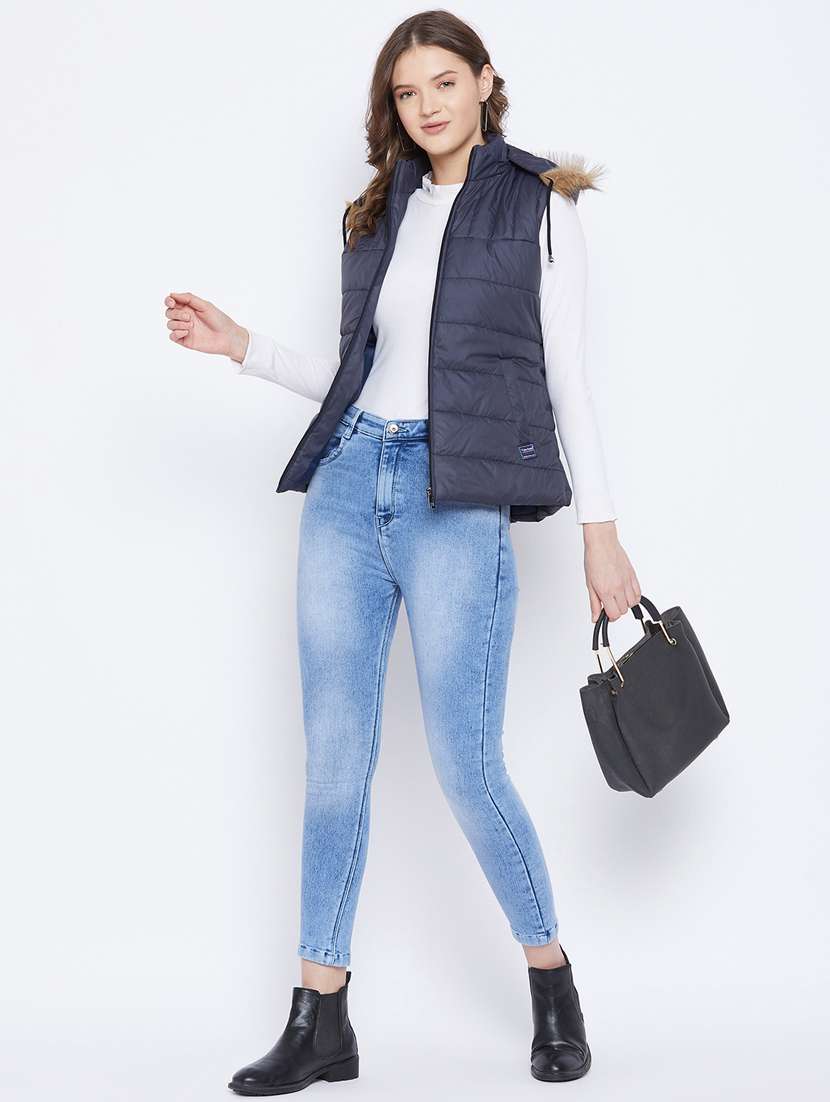 navy blue solid hooded sleeveless bomber jacket - 20184747 -  Standard Image - 3