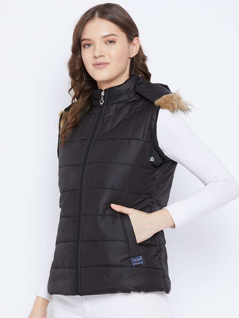 black solid hooded sleeveless bomber jacket
