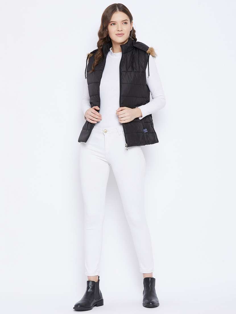 black solid hooded sleeveless bomber jacket - 20184749 -  Standard Image - 3