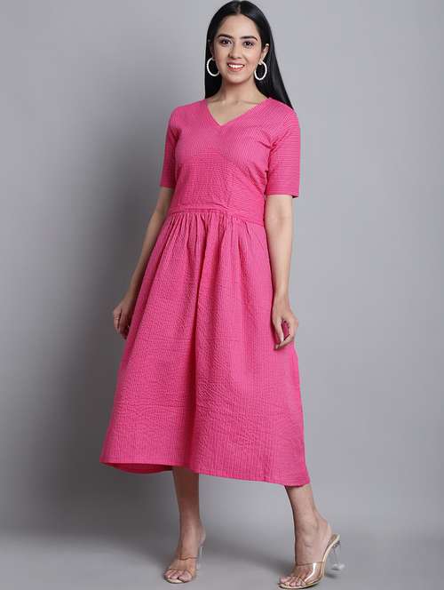 pink striped v neck midi a-line dress - 20187959 - Standard Image - 0