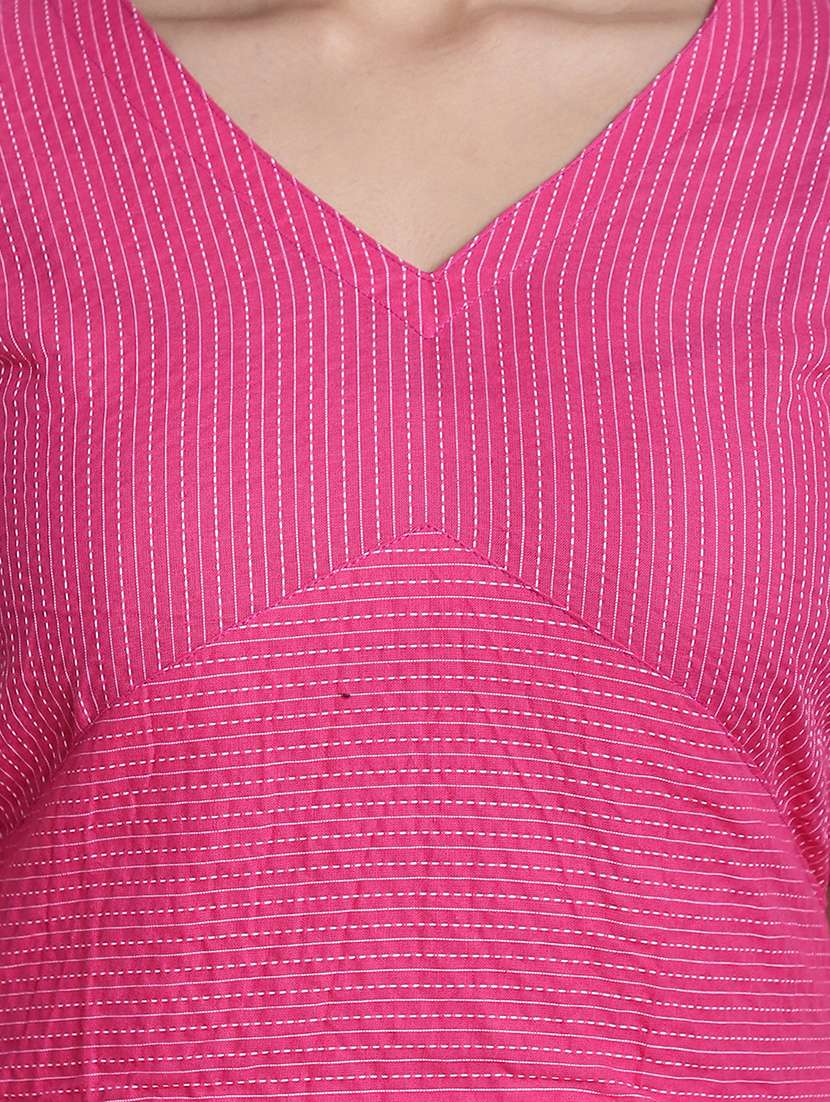 pink striped v neck midi a-line dress - 20187959 - Standard Image - 3