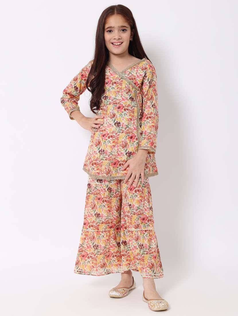 girls multi color printed kurta sharara set