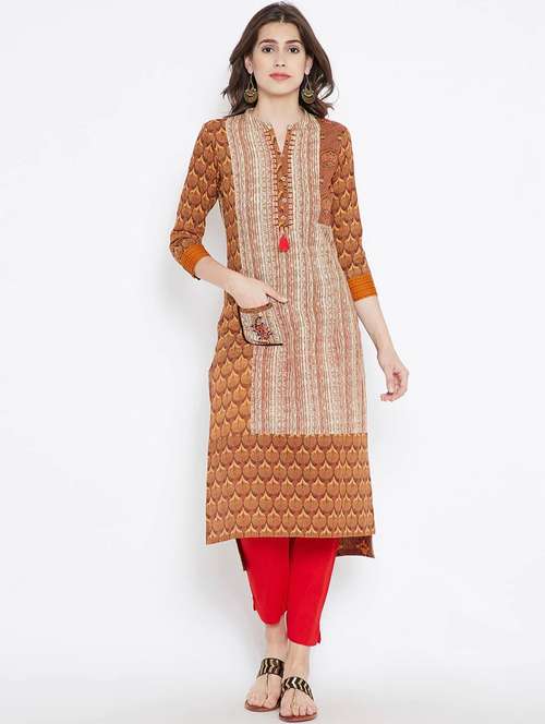 orange colored straight kurta - 20188775 - Standard Image - 0