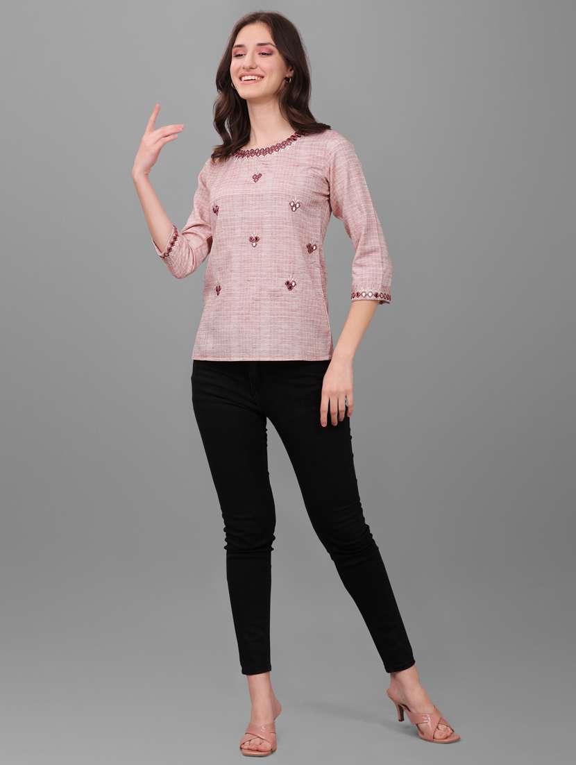 pink self designed mirror work regular top - 20188929 -  Standard Image - 5