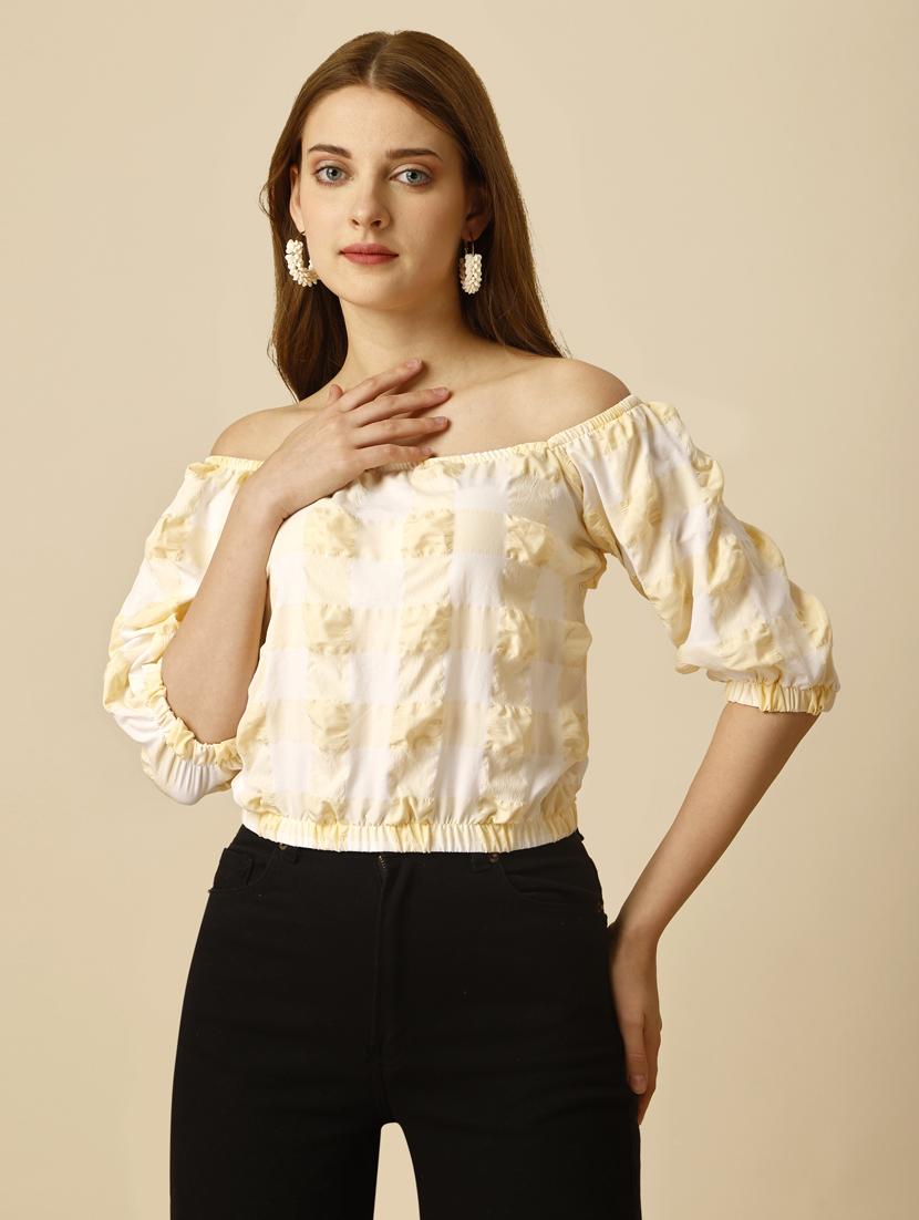 women checked off shoulder crop top - 20188946 - Standard Image - 3