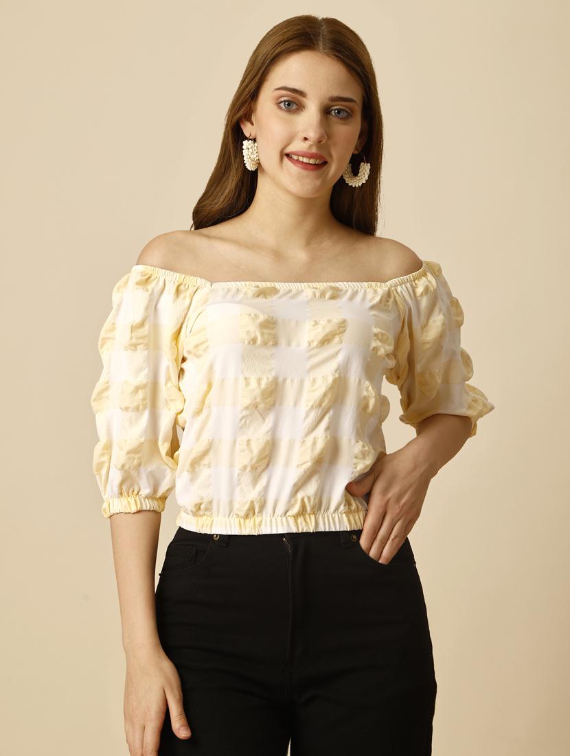 yellow check print blouson top - 20188947 -  Zoom Image - 0