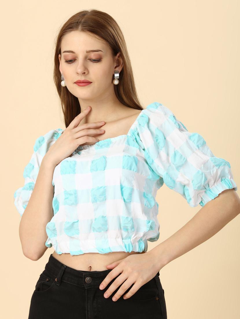 women checked off shoulder crop top - 20188948 -  Zoom Image - 0