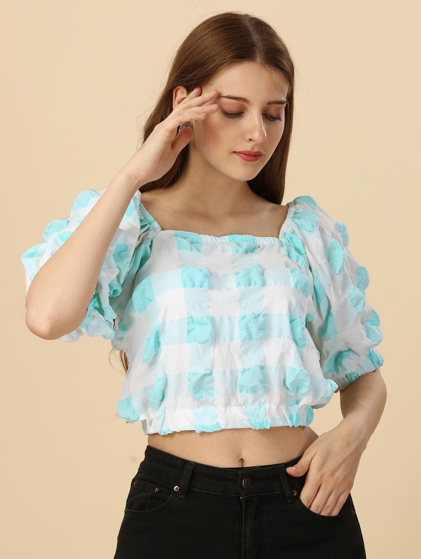 women checked off shoulder crop top - 20188948 - Standard Image - 3
