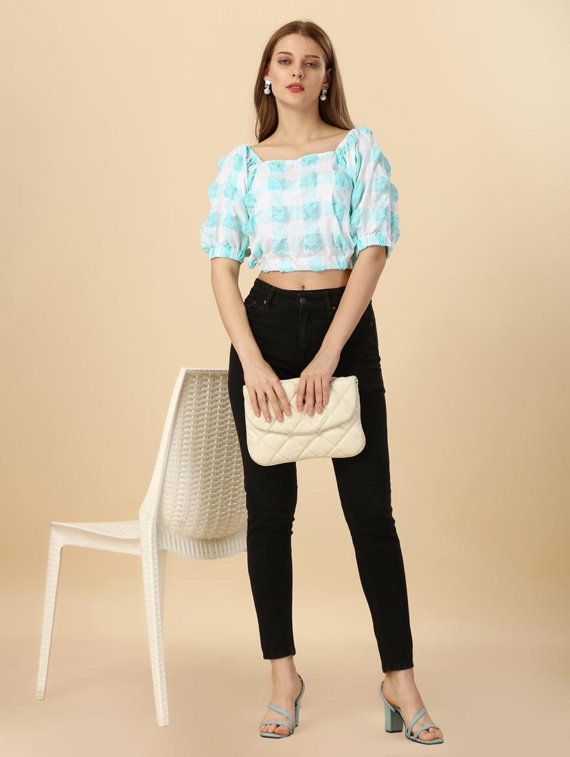 women checked off shoulder crop top - 20188948 - Standard Image - 5