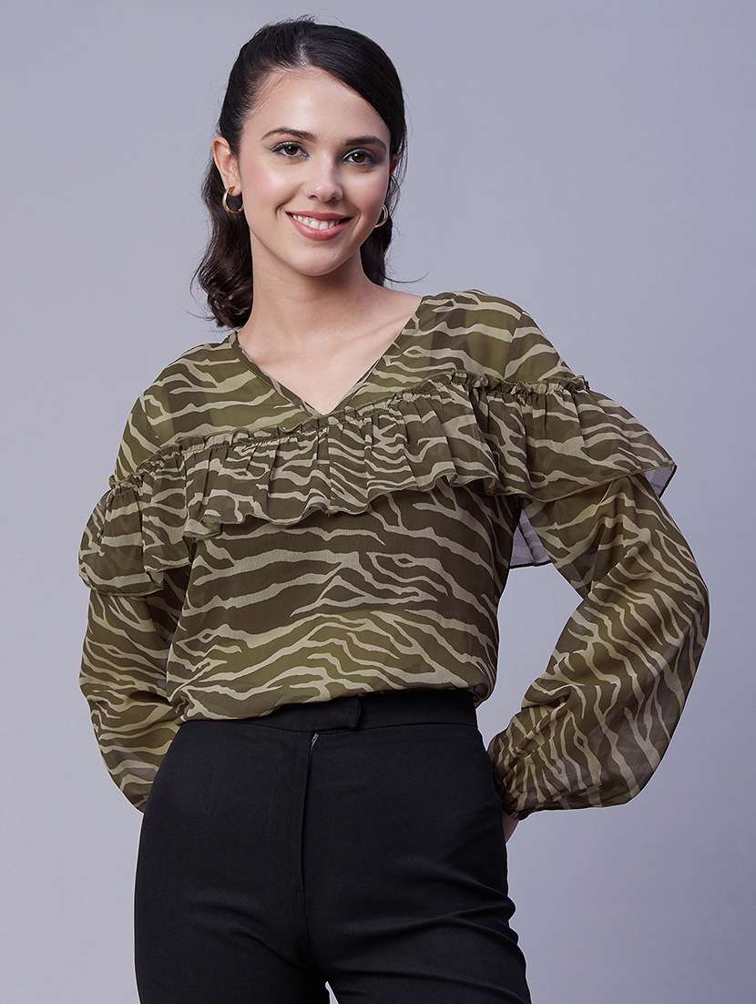 women pinted v neck layered detailed top - 20189298 - Zoom Image - 0