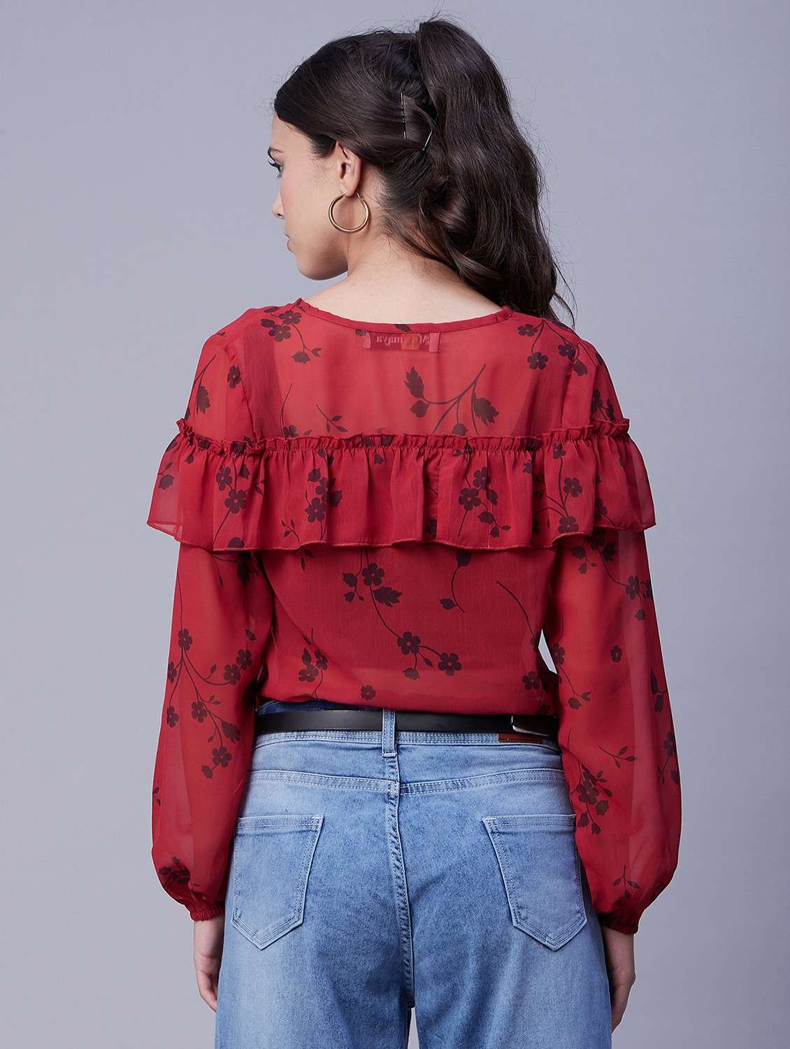 women printed v neck ruffled detailed top - 20189304 -  Standard Image - 3