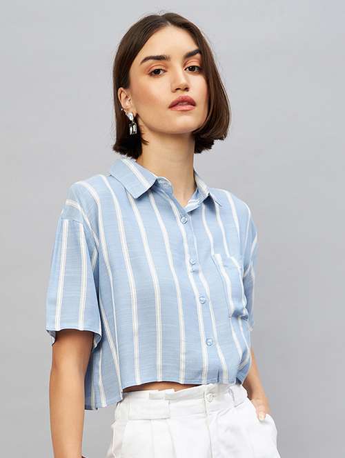 shirt collar striped crop shirt - 20189318 -  Standard Image - 0