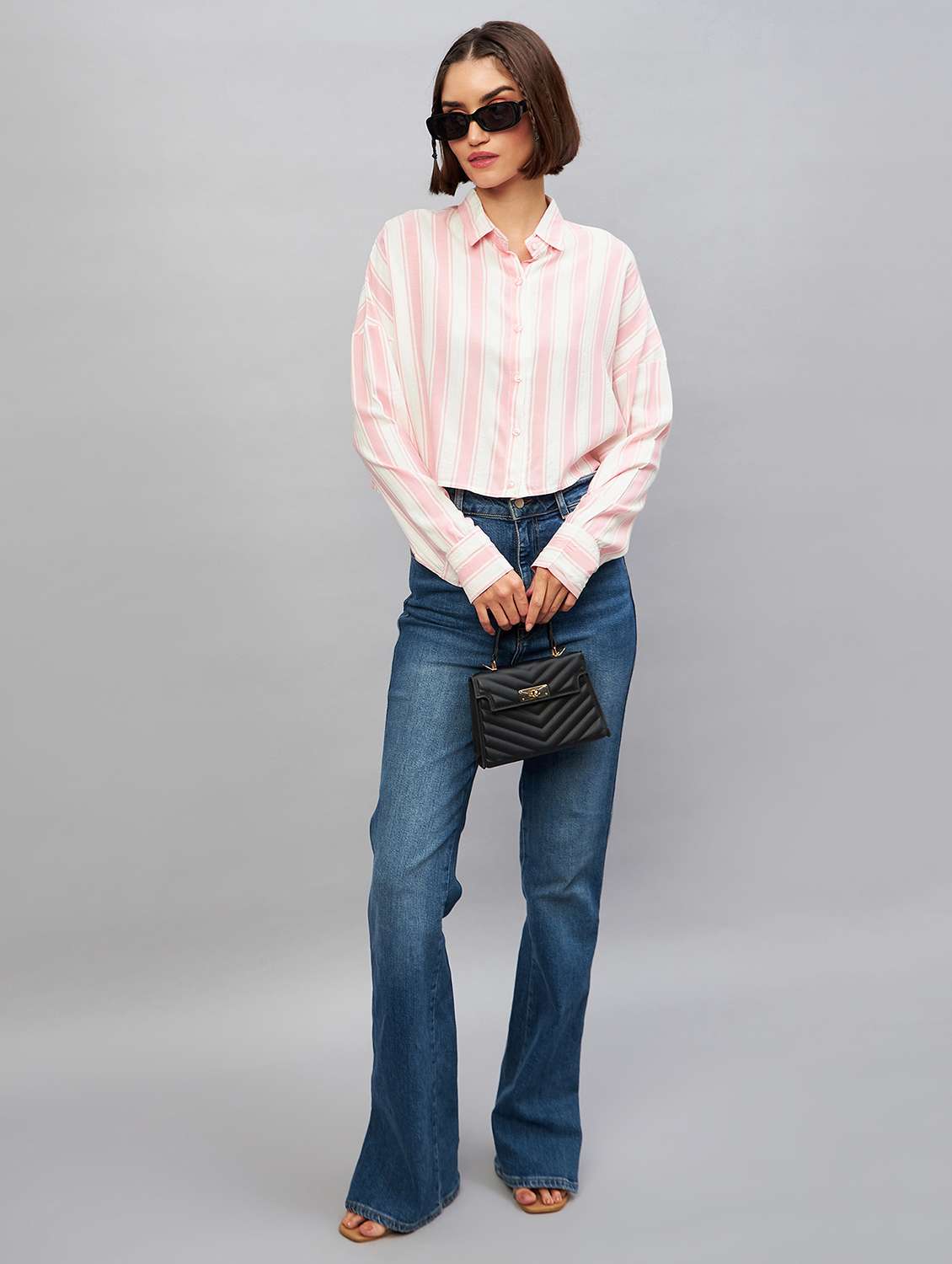 pink striped long sleeves relaxed fit crop shirt - 20189324 - Standard Image - 3