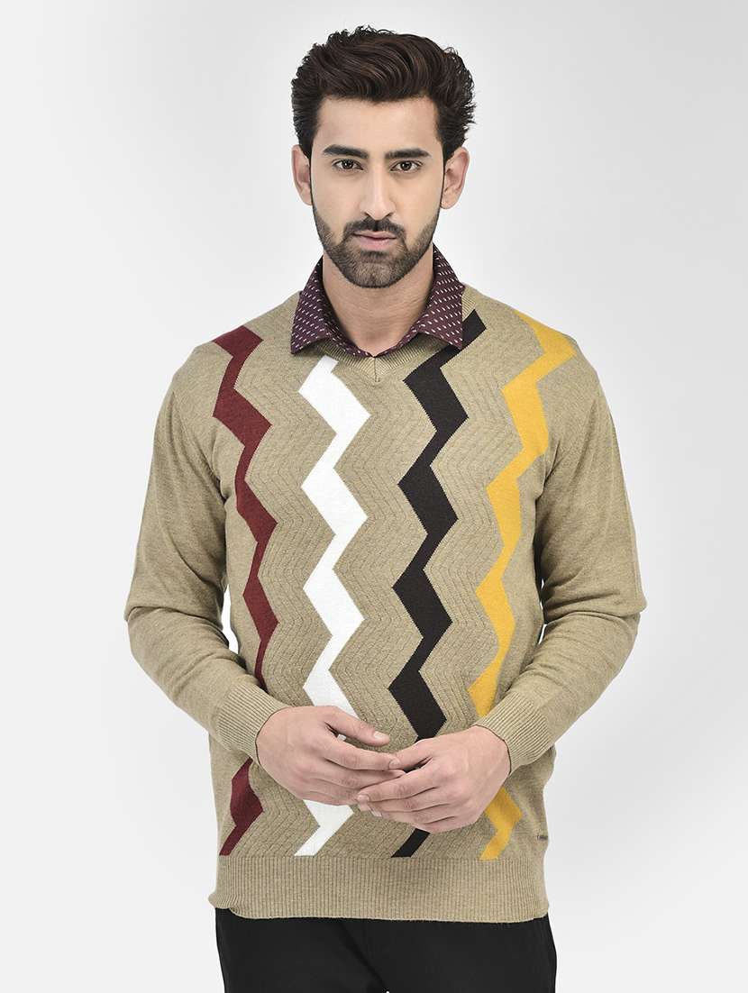 men beige v-neck pullovers