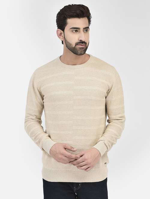 beige stripes round neck pullovers - 20189639 -  Standard Image - 0