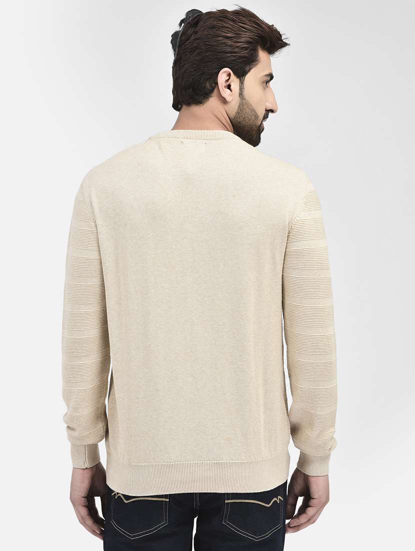 beige stripes round neck pullovers - 20189639 -  Standard Image - 3