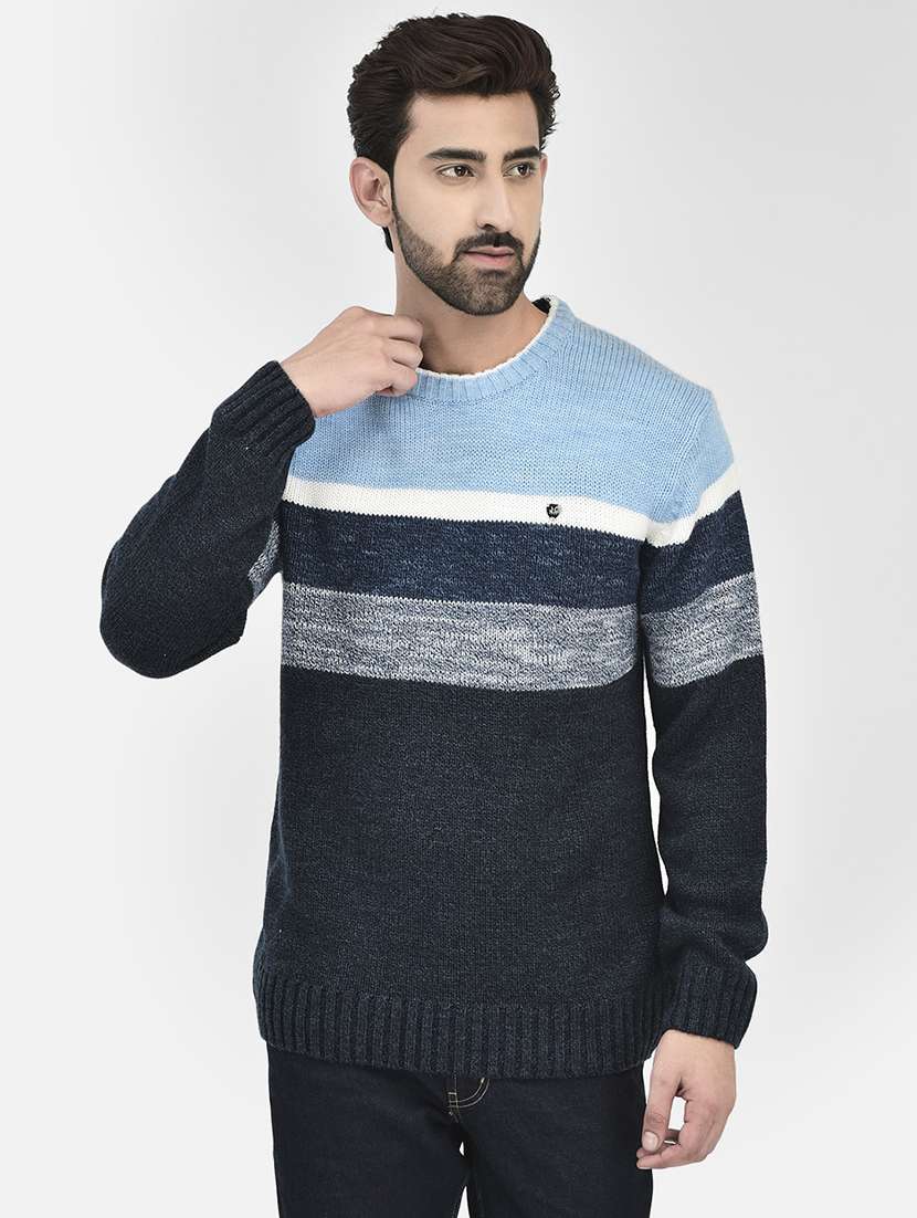 light blue stripes round neck pullovers - 20189643 - Zoom Image - 0
