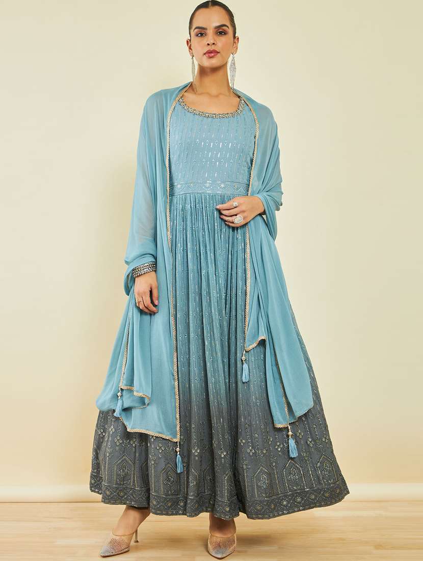 Buy online Women Light Blue Ombre Embellished Gown Set from ethnic