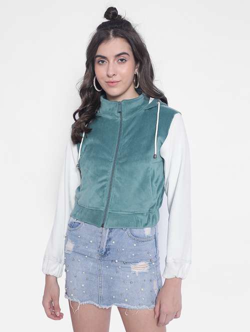green solid sleeveles hooded jacket - 20189870 -  Standard Image - 0