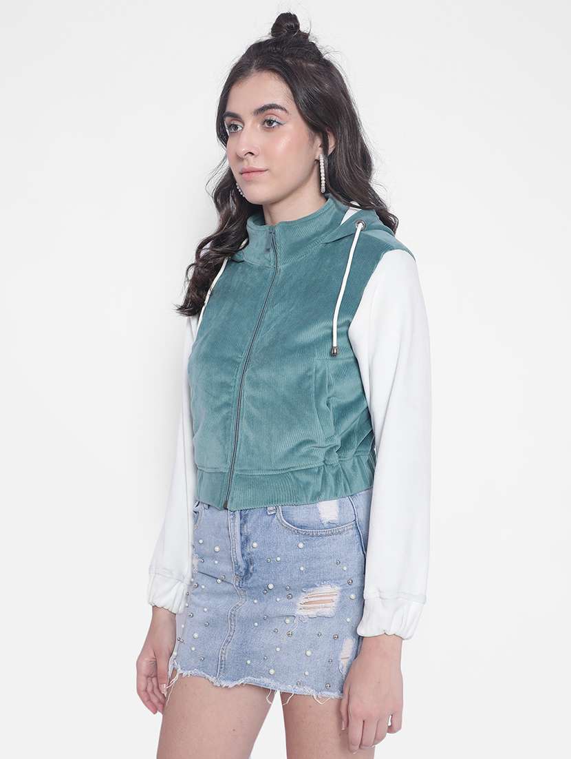green solid sleeveles hooded jacket - 20189870 -  Standard Image - 3