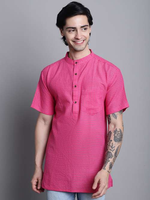 men magenta pink striped short kurta - 20192878 -  Standard Image - 0