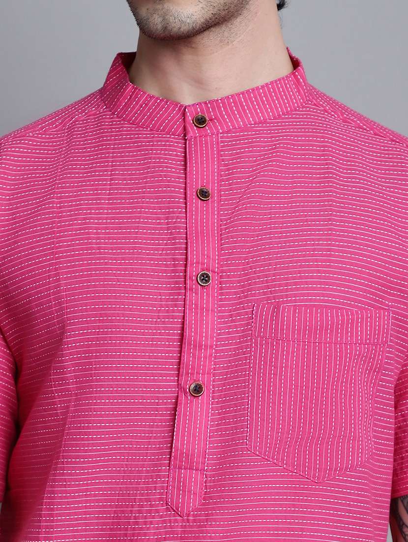 men magenta pink striped short kurta - 20192878 -  Standard Image - 5