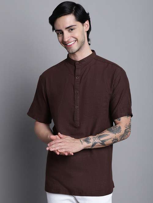 Men Solid Brown Short Kurta