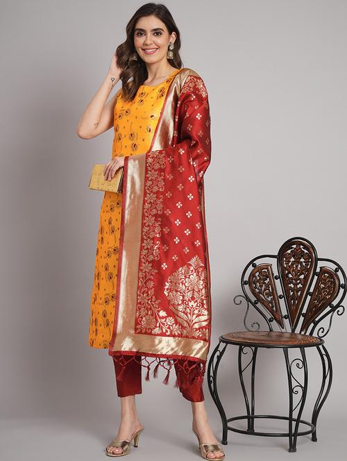 yellow kurta pant set with dupatta - 20194155 - Standard Image - 0