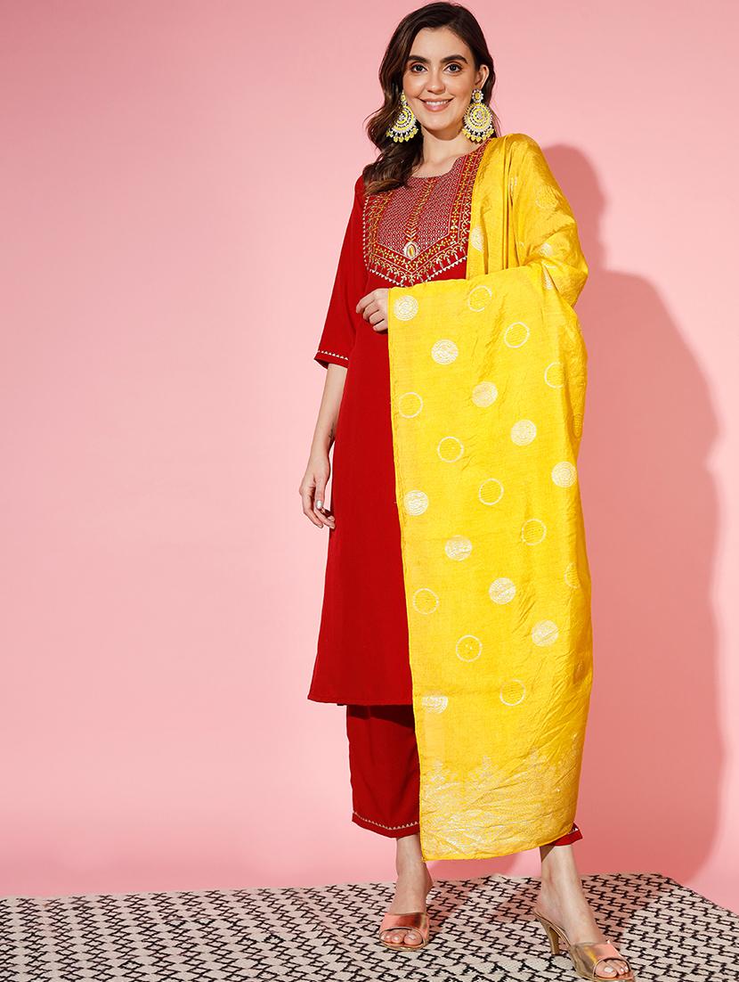 red kurta pant set with dupatta - 20194166 - Zoom Image - 0