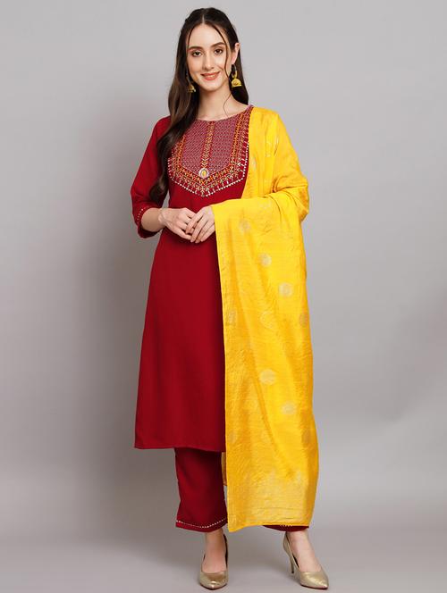 red kurta pant set with dupatta - 20194174 -  Standard Image - 0